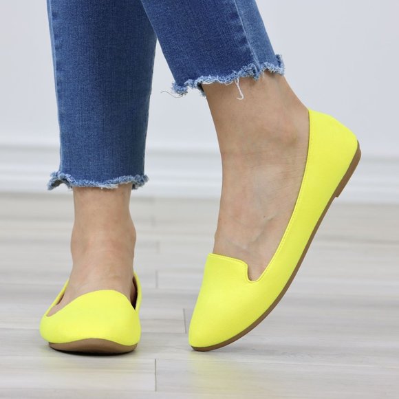 Neon Yellow Faux Suede Rounded Toe Slip On Flat Shoes - Picture 9 of 11